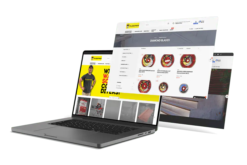 Mockup del sitio web PlaceforPros con vista de catálogo y home