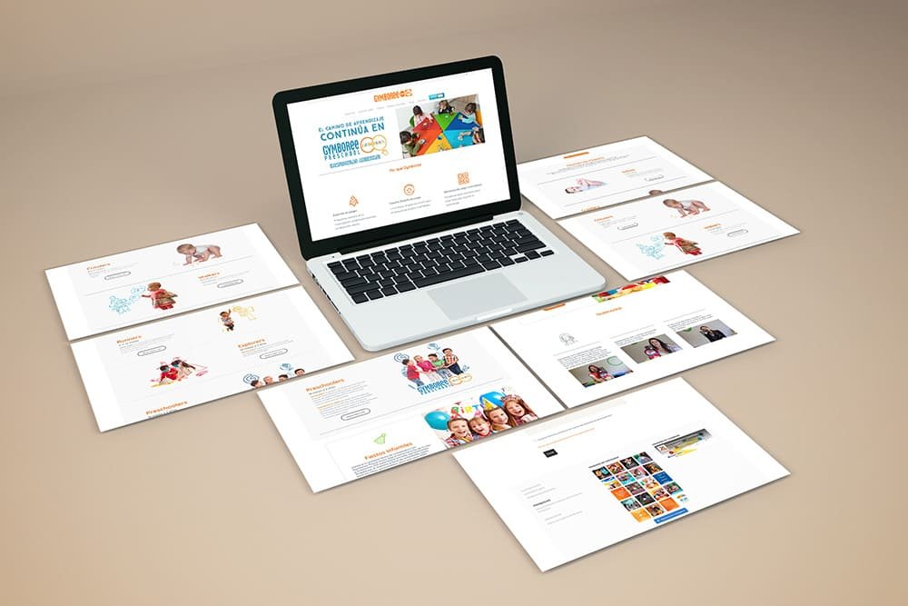 Mockup del sitio web de Gymboree con detalle de programas y horarios